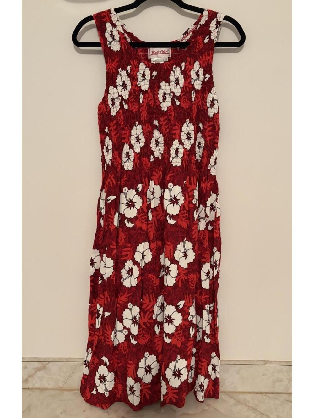 Vintage Y2K Bali Chic Boho Tropical Dress Red Floral Smocked One Size NWOT